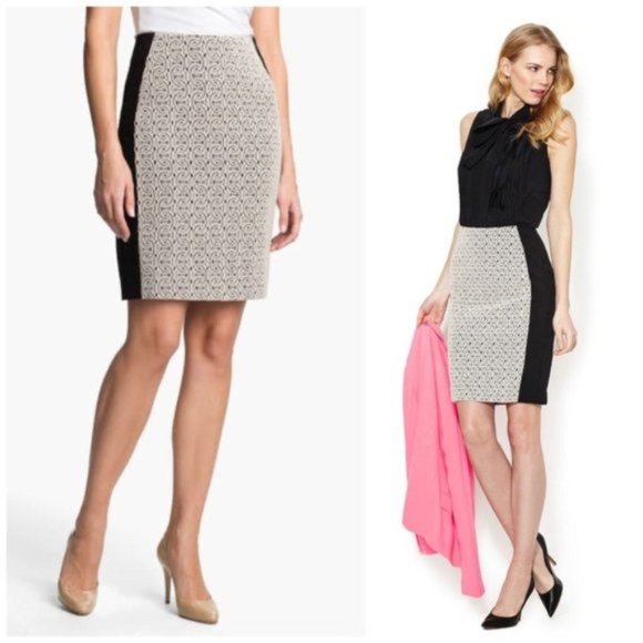 DIANE VON FURSTENBERG Lace Pencil Skirt Black Tuxedo Side Cream Colorblock XS 2 - Picture 1 of 6